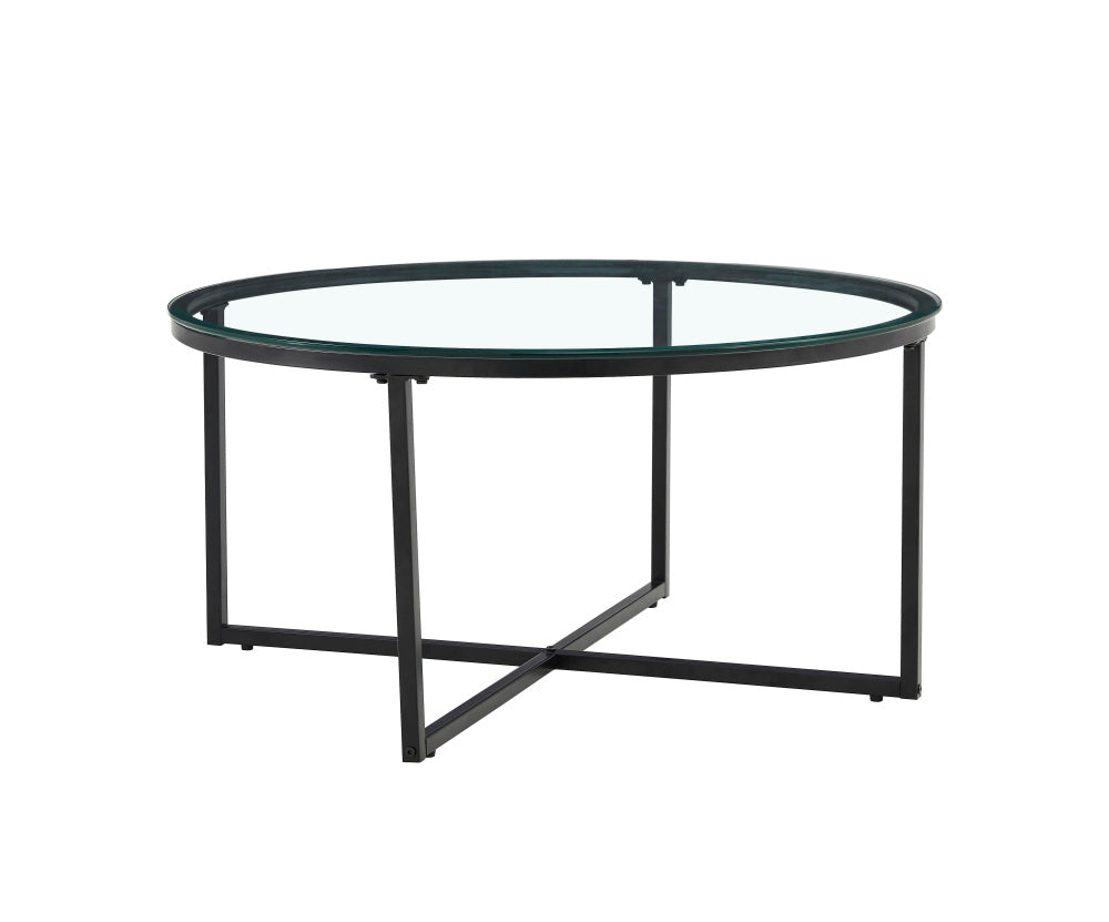 Table Basse LORIE Ronde Plateau Verre Trempé Transparent Structure Métal Noir D90x45cm