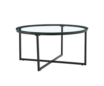 Table Basse LORIE Ronde Plateau Verre Trempé Transparent Structure Métal Noir D90x45cm