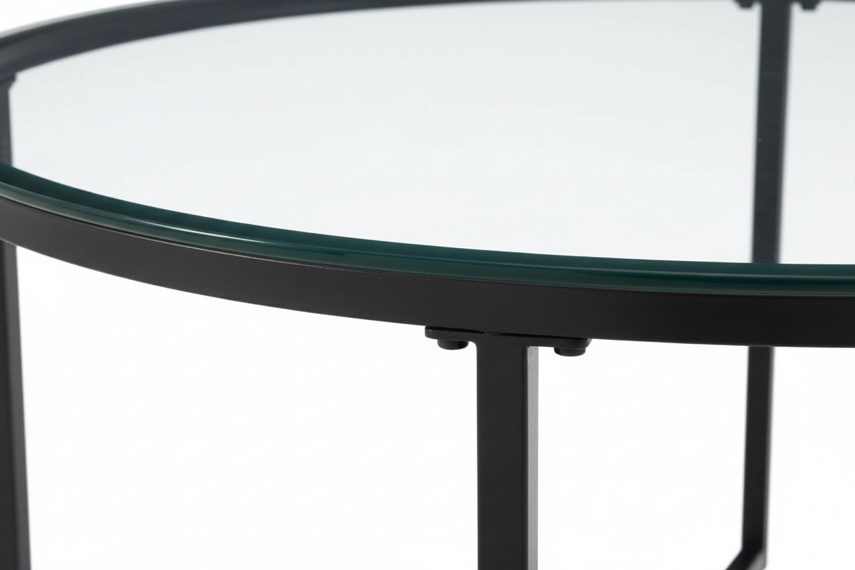 Table Basse LORIE Ronde Plateau Verre Trempé Transparent Structure Métal Noir D90x45cm