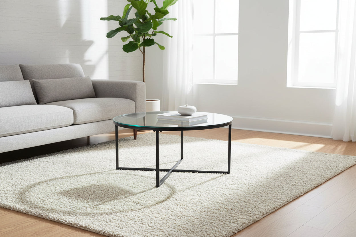Table Basse LORIE Ronde Plateau Verre Trempé Transparent Structure Métal Noir D90x45cm