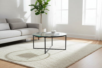 Table Basse LORIE Ronde Plateau Verre Trempé Transparent Structure Métal Noir D90x45cm