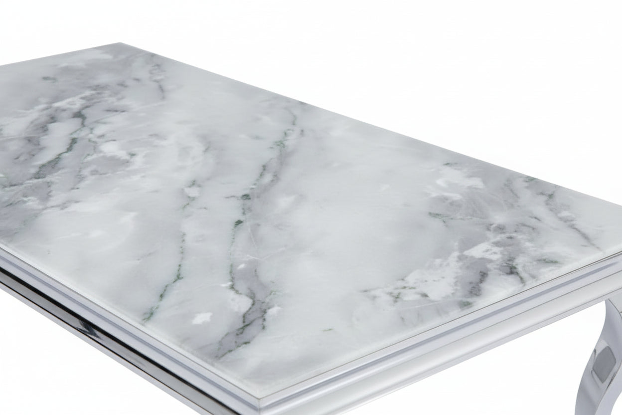 Table Basse BAROQUE Rectangle Plateau Verre Trempé Marbré Gris Pieds Chrome 120x60x45cm
