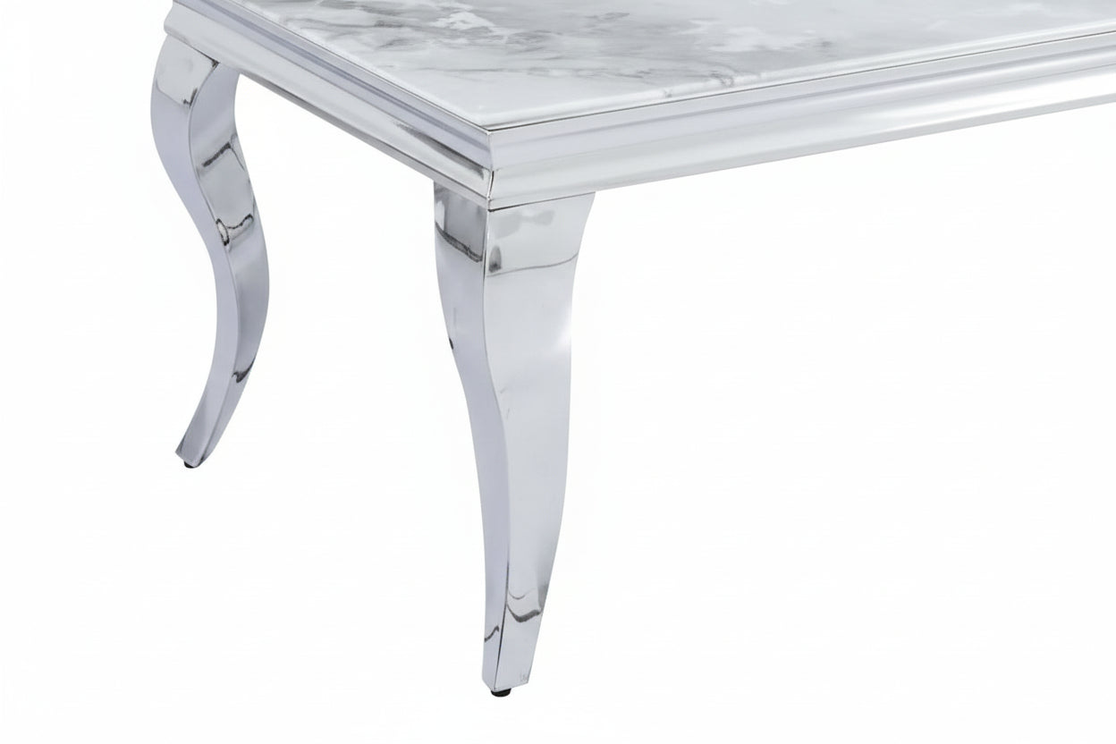 Table Basse BAROQUE Rectangle Plateau Verre Trempé Marbré Gris Pieds Chrome 120x60x45cm