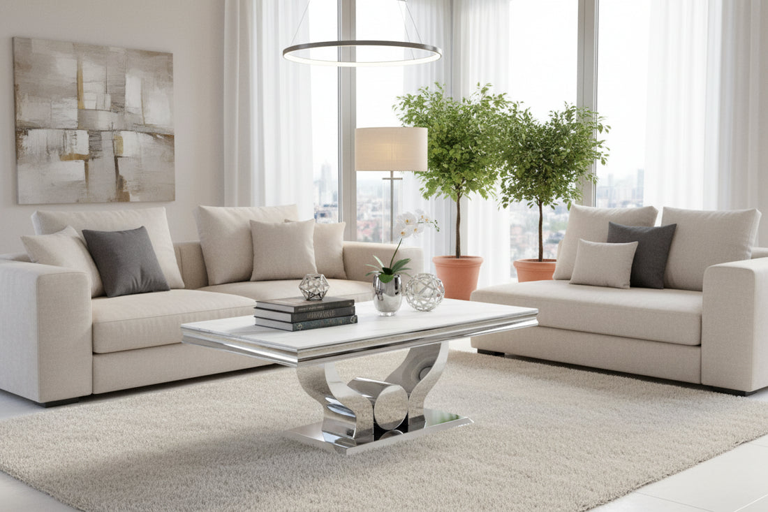 Table Basse Chrome plateau effet Marbré Blanc 120x70 cm TROFY