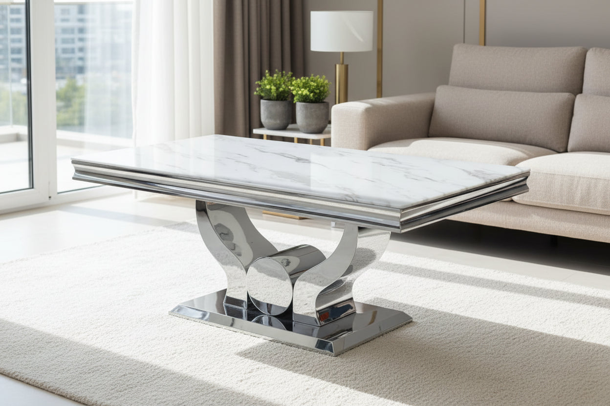 Table Basse Chrome plateau effet Marbré Blanc 120x70 cm TROFY