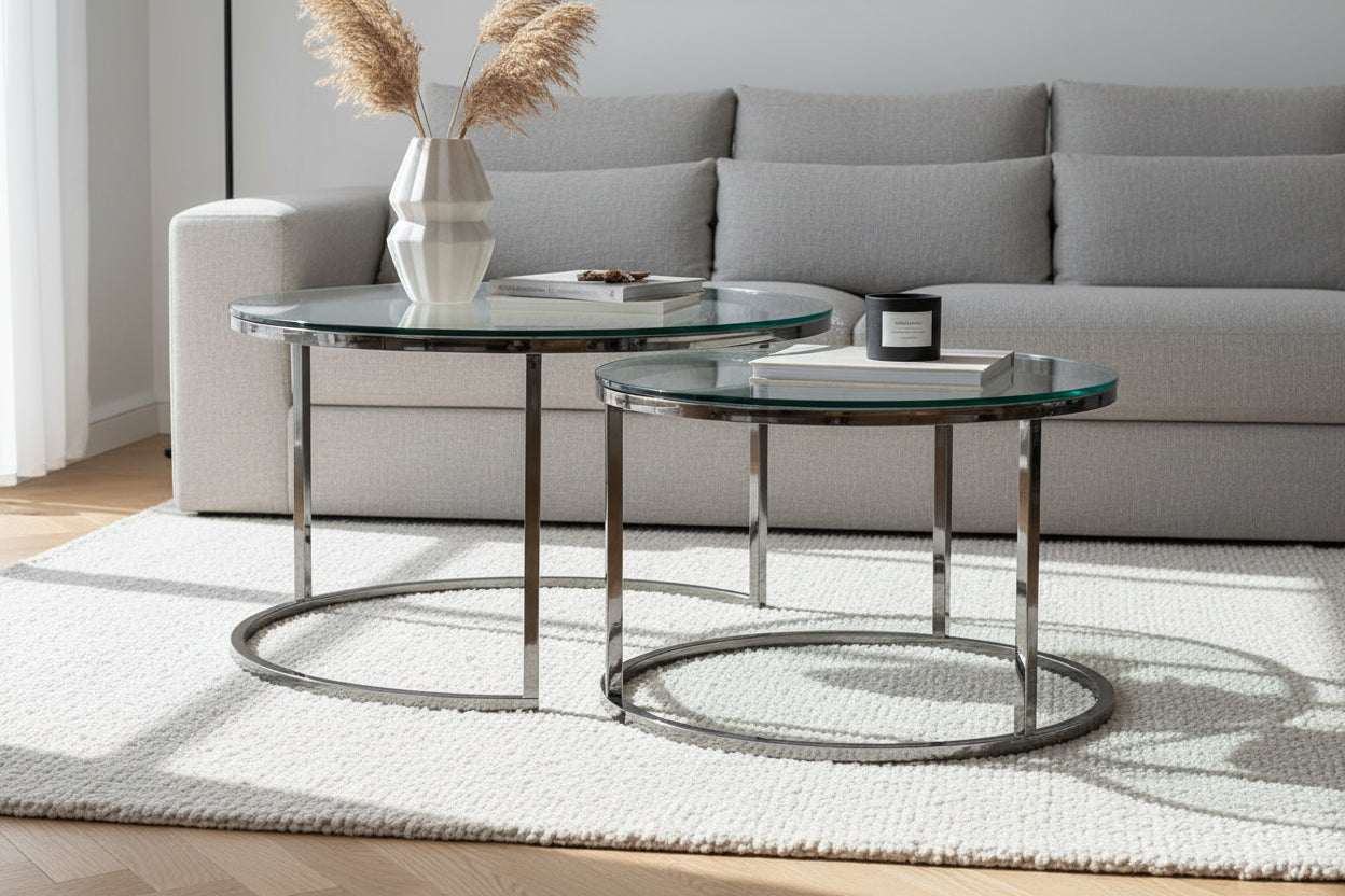 Lot de 2 tables Basses Gigogne ARTO inox et plateau en verre TRANSPARENT