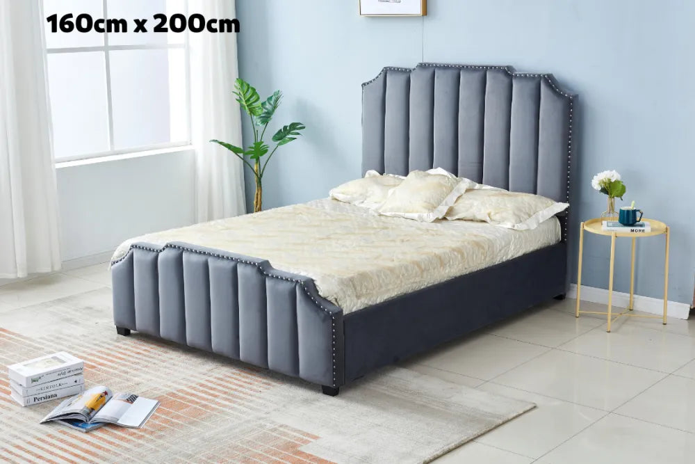 Lit adulte PEPPER  2 places 160x200 cm velours gris clouté sommier inclus