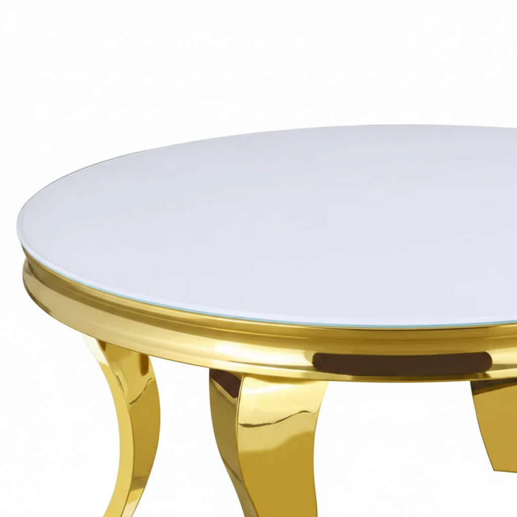 Table basse ronde baroque Gold et plateau en verre BLANC de 80 cm