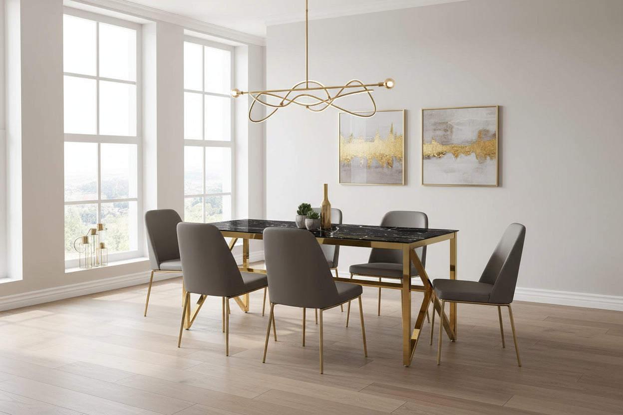 Table à manger MAJESTIQUE Gold Plateau en verre trempé #couleur_marbré-noir