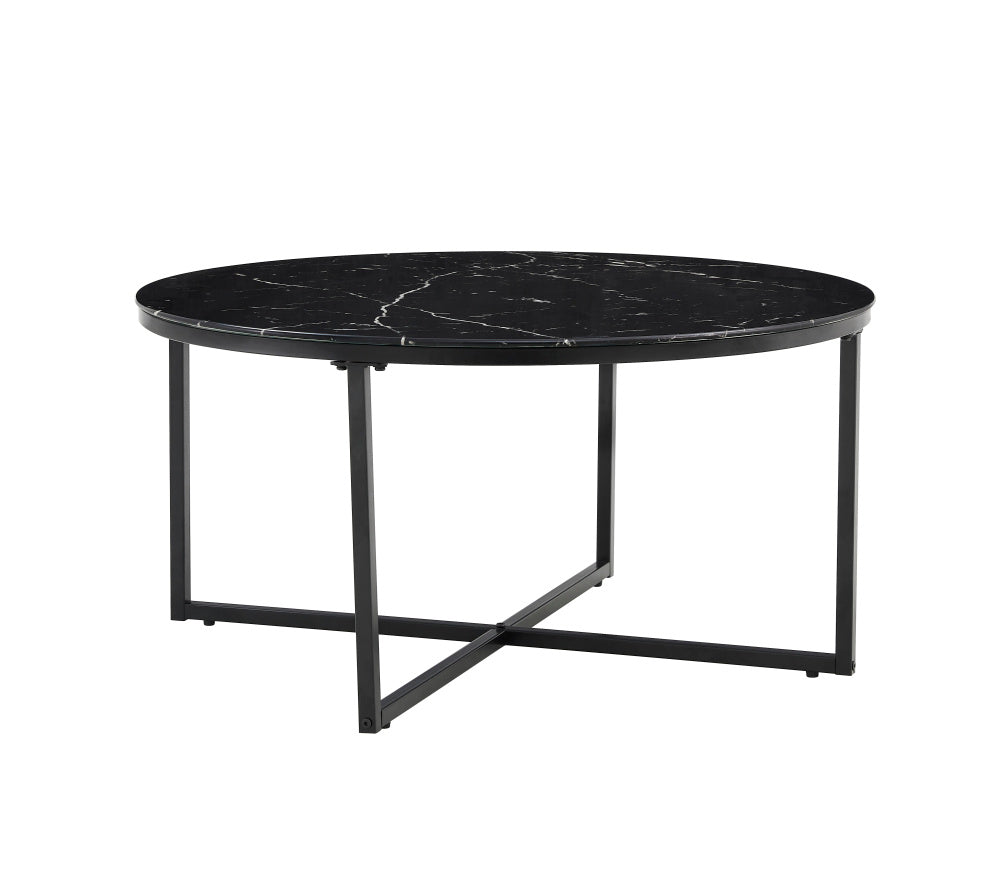 Table Basse LORIE Ronde Plateau Verre Trempé Marbré Noir Structure Métal Noir D90x45cm