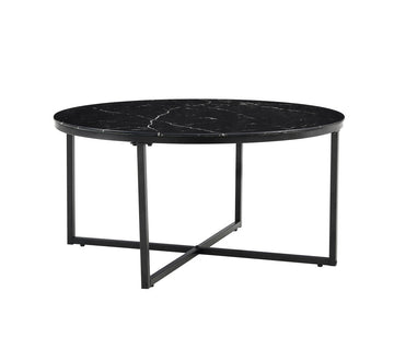 Table Basse LORIE Ronde Plateau Verre Trempé Marbré Noir Structure Métal Noir D90x45cm