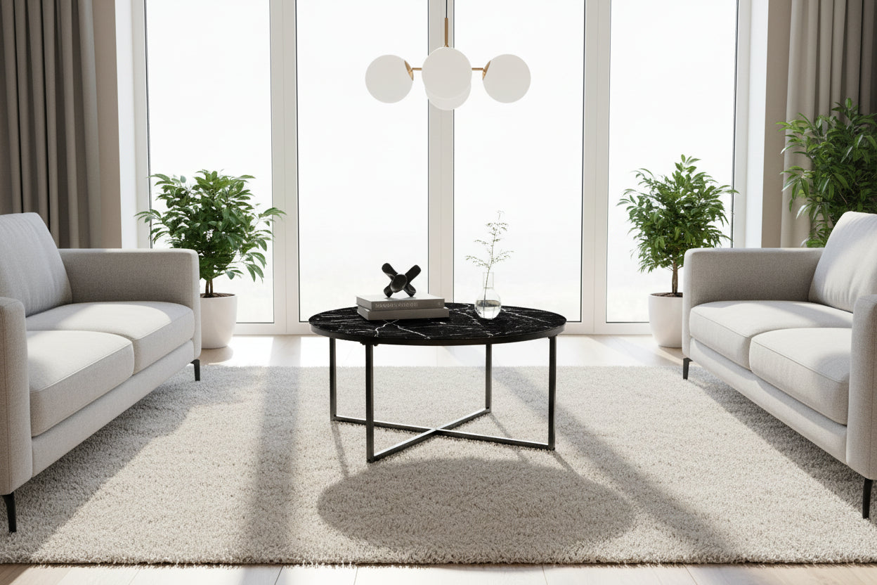 Table Basse LORIE Ronde Plateau Verre Trempé Marbré Noir Structure Métal Noir D90x45cm