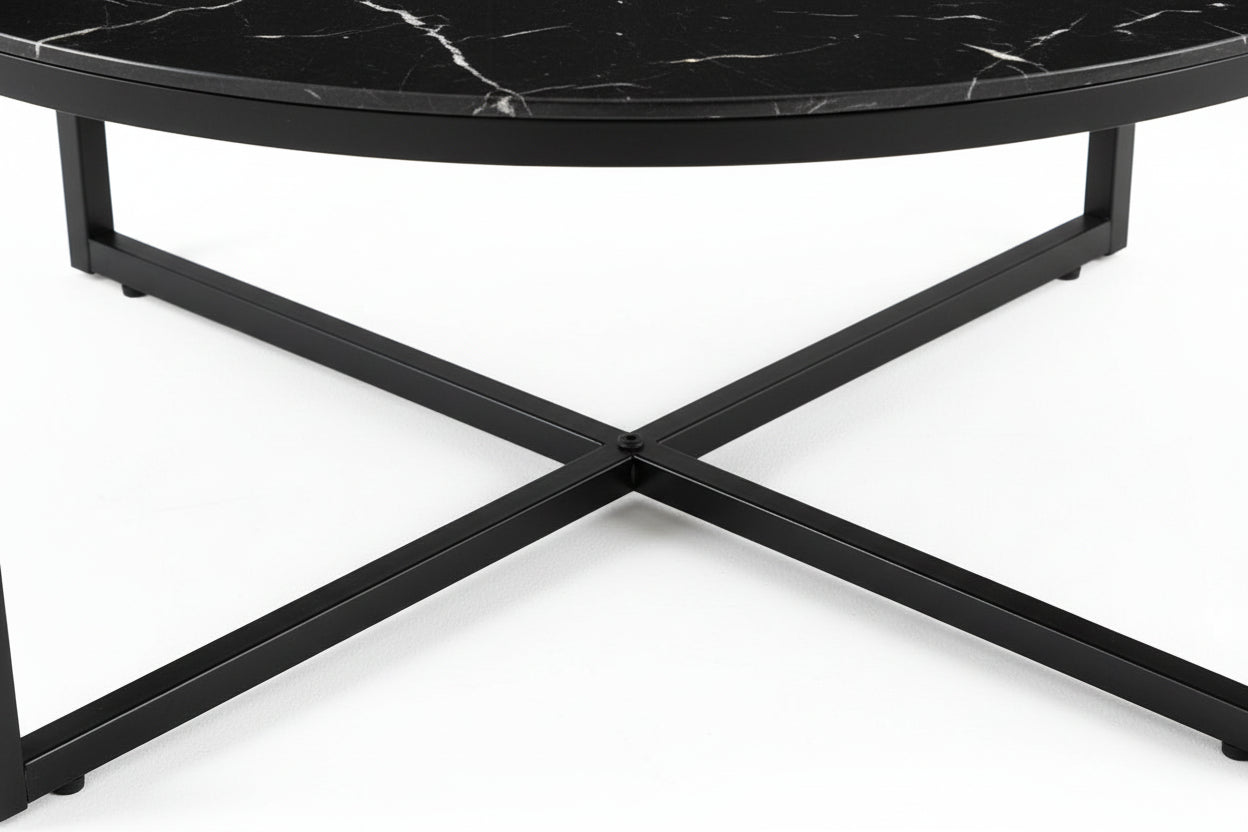Table Basse LORIE Ronde Plateau Verre Trempé Marbré Noir Structure Métal Noir D90x45cm