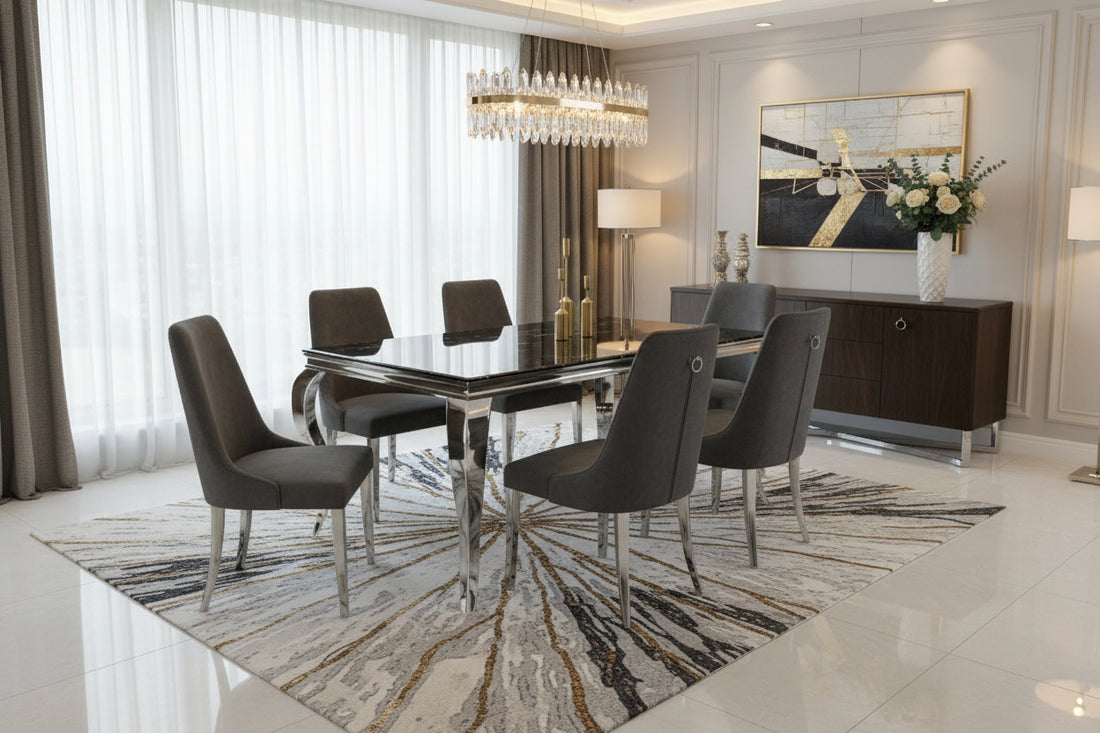 Table à manger BAROQUE 4 à 6 couverts pieds chrome plateau en verre 150x90 cm #couleur_marbré-noir
