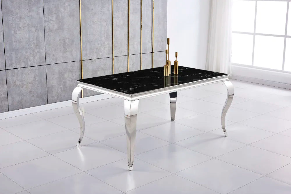 Table à manger BAROQUE 6 à 8 couverts pieds chrome plateau en verre 180x90 cm #couleur_marbré-noir