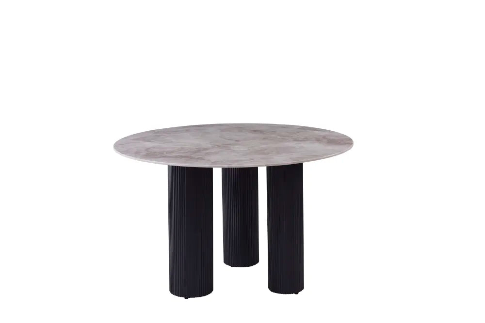 Table repas ANAIS pieds noir plateau céramique 120 cm #couleur_marbré-blanc