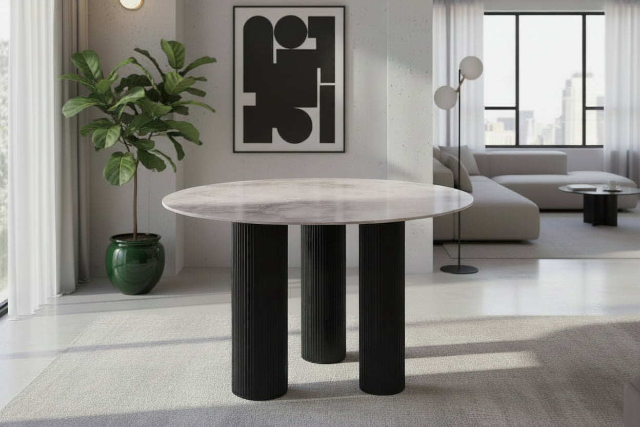 Table repas ronde céramique marbré gris 120 cm pieds noirs – ANAIS