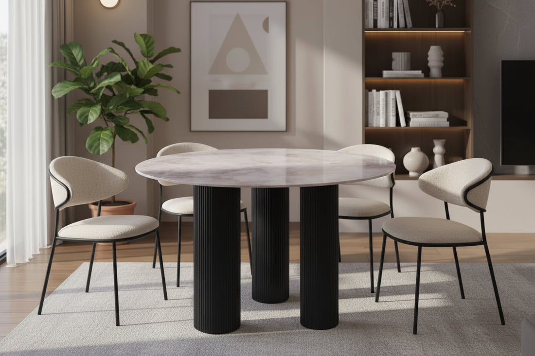 Table repas ANAIS pieds noir plateau céramique 120 cm #couleur_marbré-gris