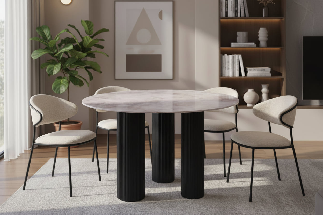 Table repas ronde céramique marbré gris 120 cm pieds noirs – ANAIS