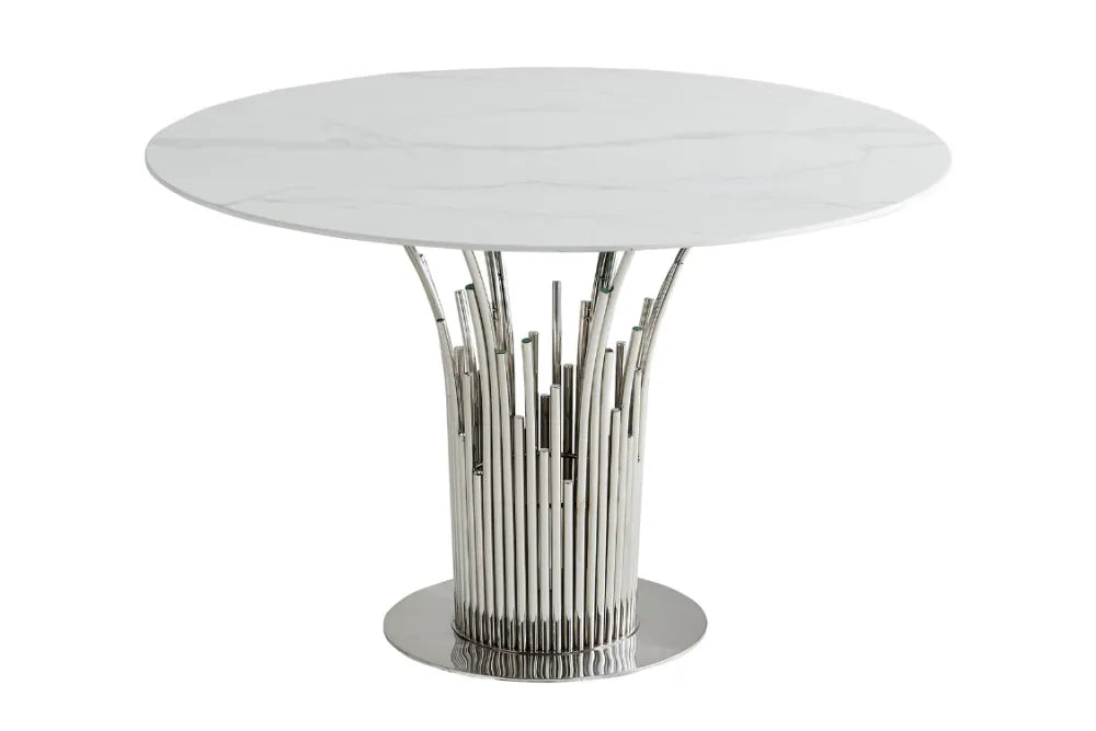 Table à manger ronde FLUTE Chrome #couleur_marbré-blanc