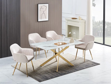 Table Repas JESSICA Gold et plateau en verre 150 cm 4 à 6 couverts - Effet marbré blanc