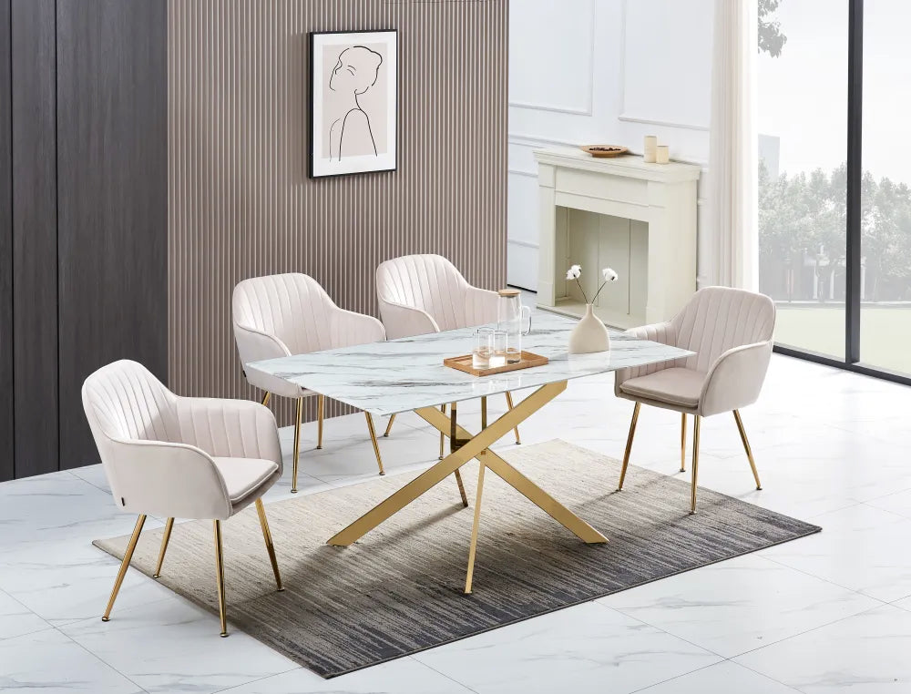 Table Repas JESSICA XXL Gold et plateau en verre MARBRE BLANC 180 cm 6 à 8 couverts