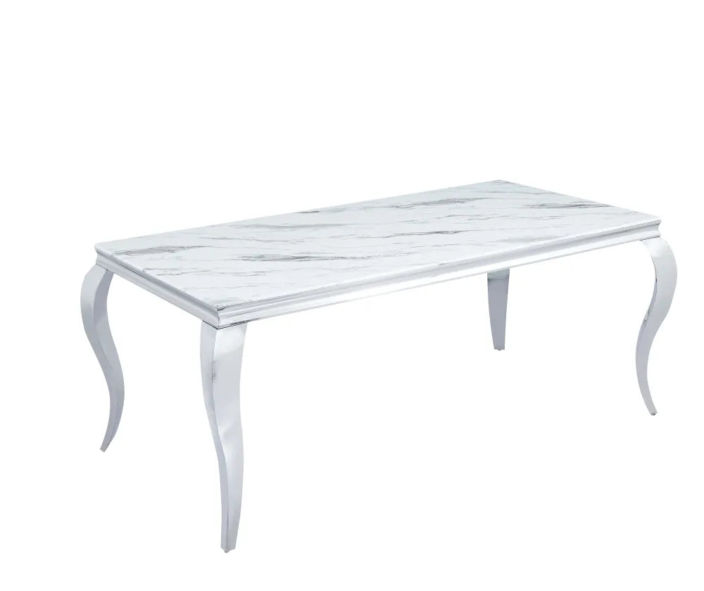 Table à manger BAROQUE 4 à 6 couverts pieds chrome plateau en verre 150x90 cm #couleur_marbré-blanc