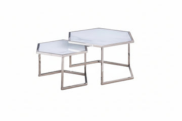 Lot 2 tables basses gigognes verre blanc 60cm HEXAGONA