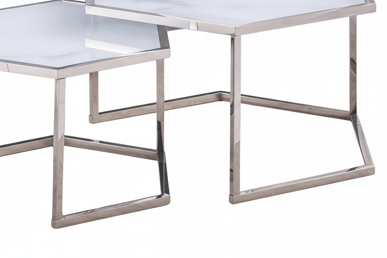 Lot 2 tables basses gigognes verre blanc 60cm HEXAGONA