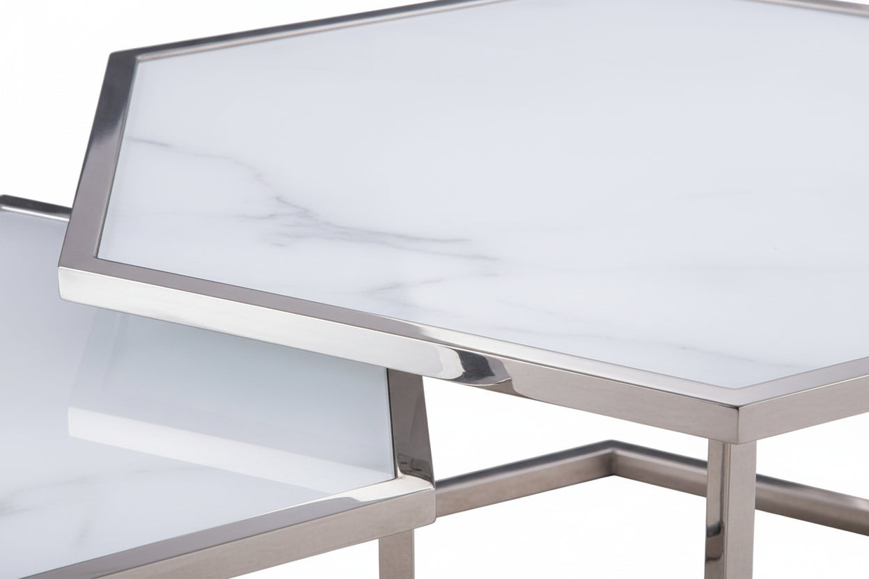 Lot 2 tables basses gigognes verre blanc 60cm HEXAGONA
