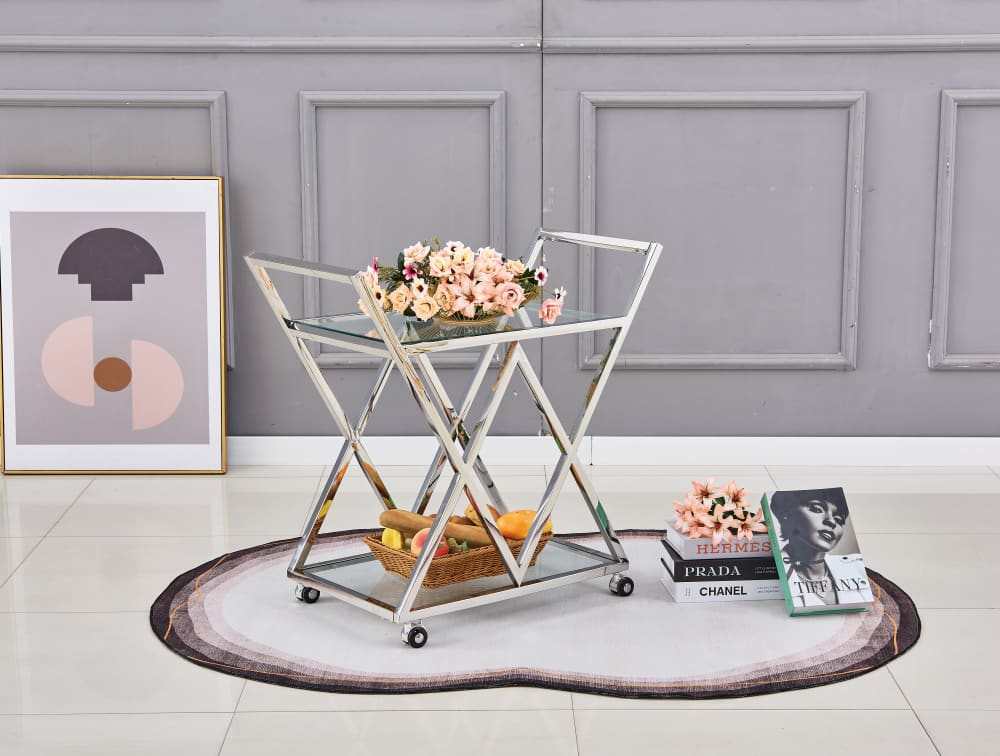 Chariot TRIANGLE Chrome & Verre Transparent – 60x40x75 cm