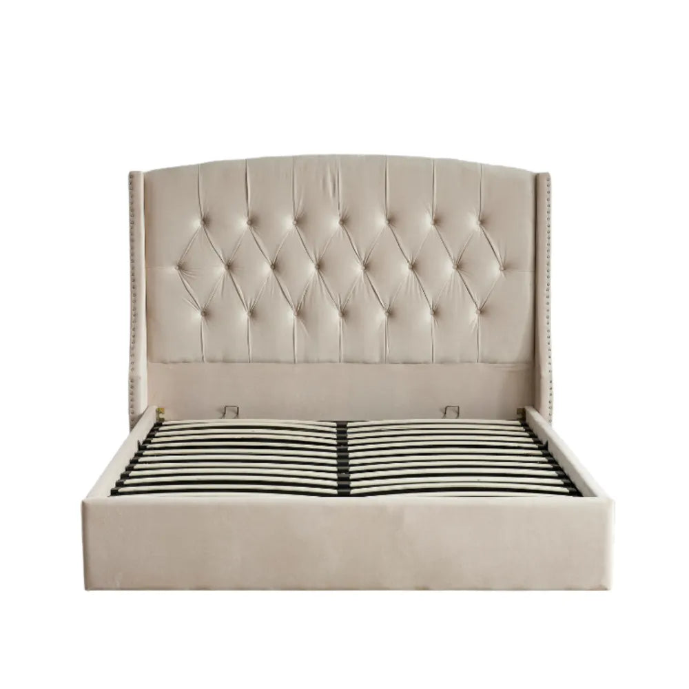 Lit Coffre 2 places 180x200 cm SULTAN velours beige sommier intégré