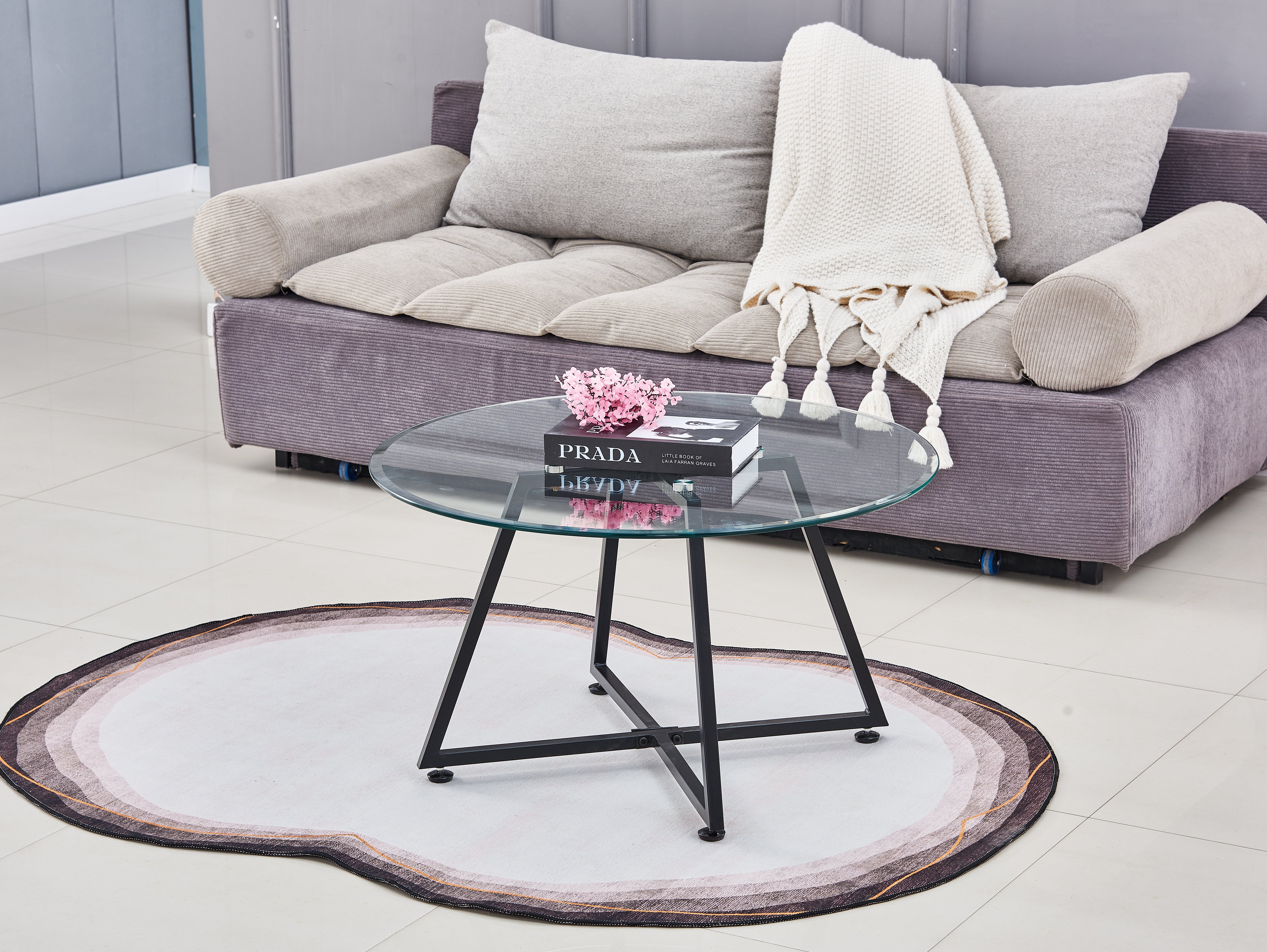 Table Basse Ronde HELOISE Métal Noir Plateau Verre Trempé Transparent D80xH45cm