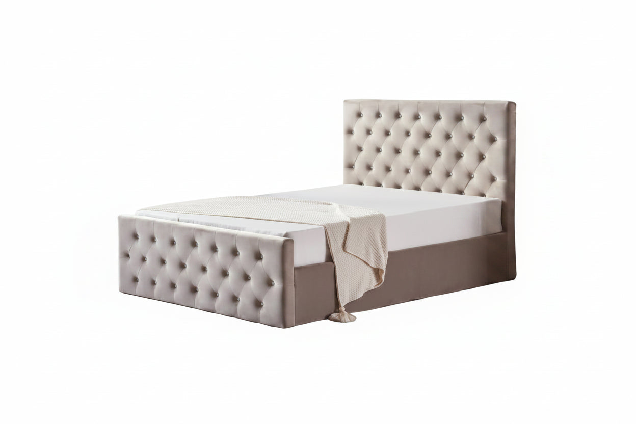 Lit coffre capitonné velours moka 160x200 cm sommier inclus VICTORIA