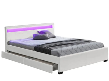 Lit adulte 160x200 cm blanc avec tiroirs LED sommier inclus