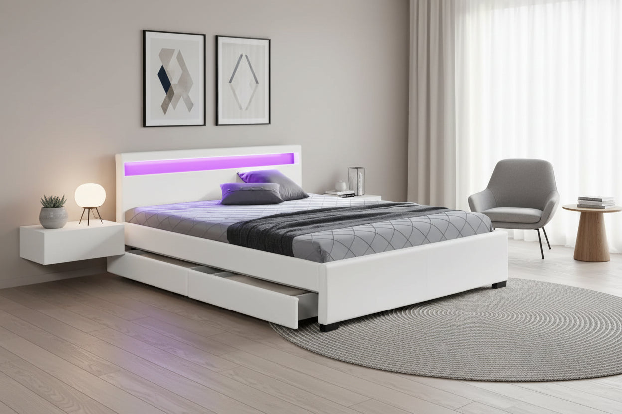 Lit adulte 2 places 140x190 cm blanc avec tiroirs LED sommier inclus