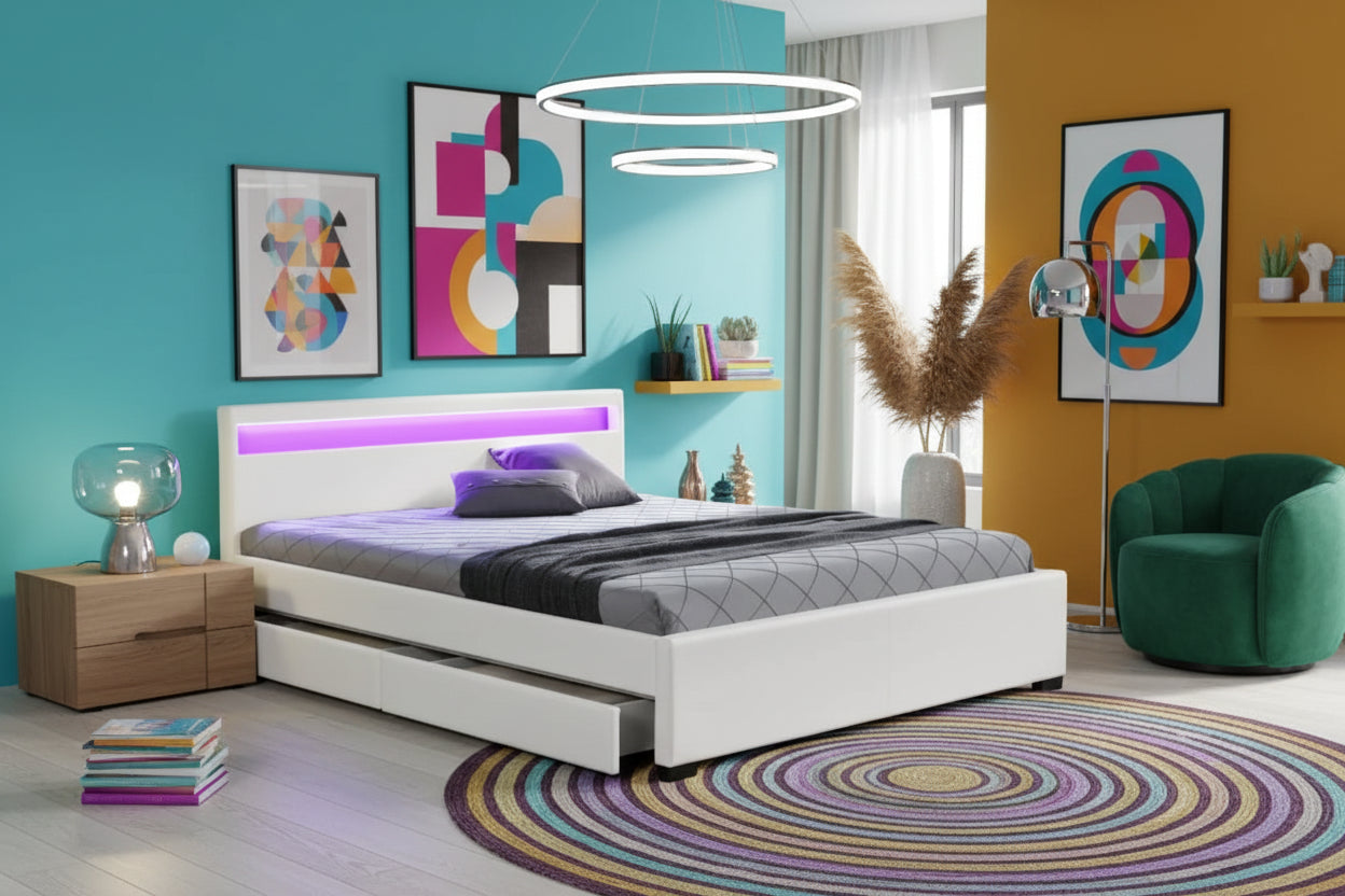 Lit adulte 160x200 cm blanc avec tiroirs LED sommier inclus
