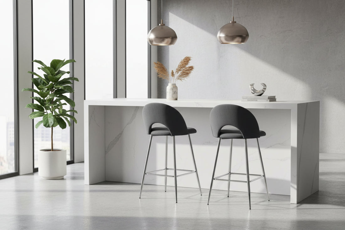 Lot de 2 tabourets de bar TEDDY pied chrome velours#couleur_anthracite