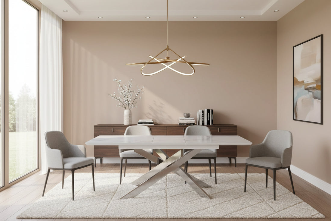 Table extensible AGATHE Chrome plateau Céramique #couleur_marbré-blanc