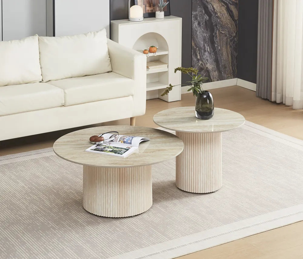 Duo Tables Gigognes Rondes Céramique Travertin Brillant & Pied Travertin Ø80 cm – BAIETA