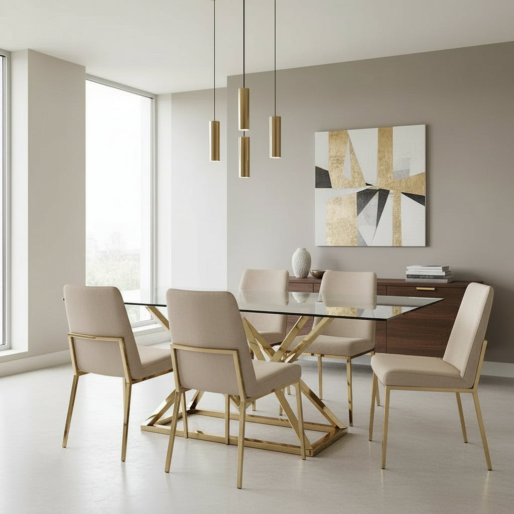 Table à Manger Rectangulaire Verre Transparent & Structure Gold – 180×90 cm – PYRAMIDE