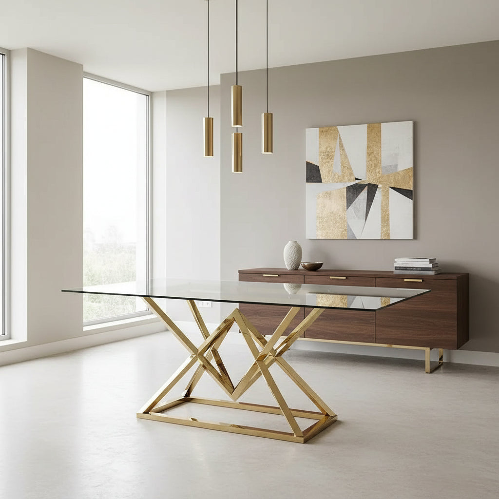 Table à Manger Rectangulaire Verre Transparent & Structure Gold – 180×90 cm – PYRAMIDE