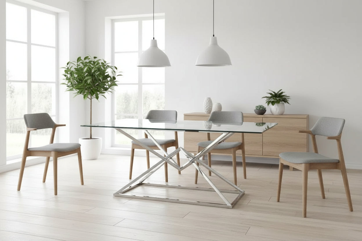 Table à Manger Rectangulaire Verre Transparent - Pieds Chrome – 180×90×75 cm – PYRAMIDE