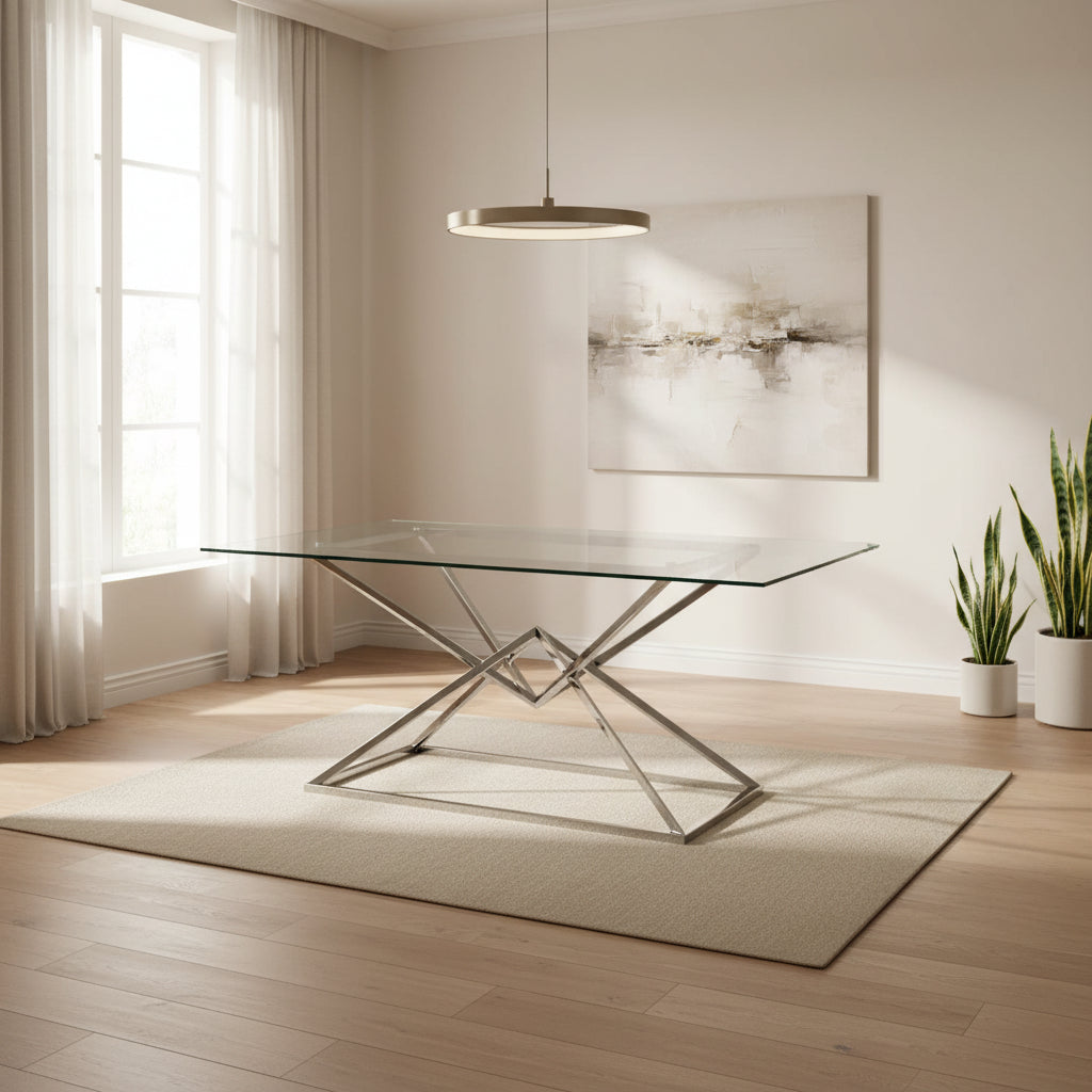 Table à Manger Rectangulaire Verre Transparent - Pieds Chrome – 180×90×75 cm – PYRAMIDE