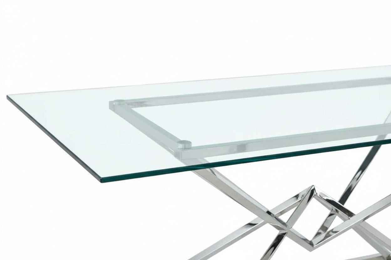 Table à Manger Rectangulaire Verre Transparent - Pieds Chrome – 180×90×75 cm – PYRAMIDE