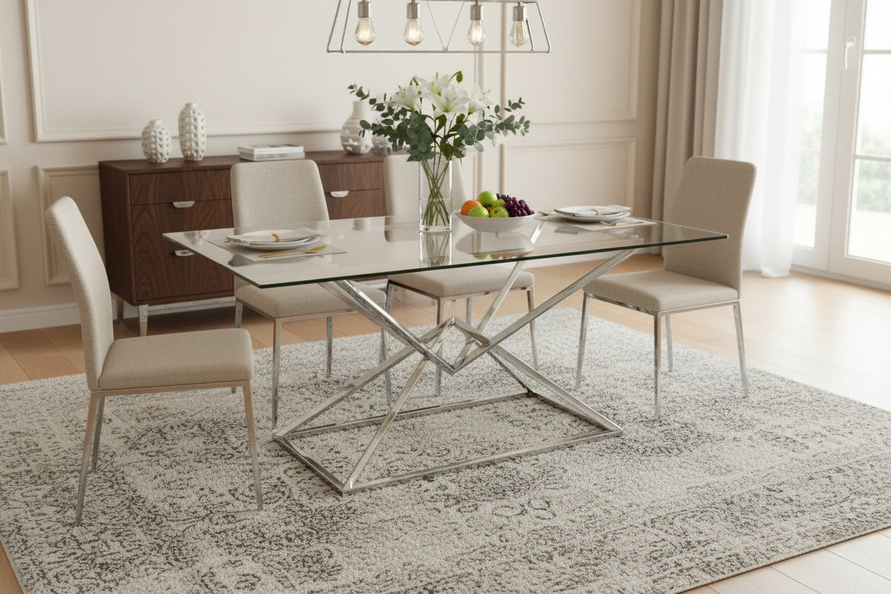 Table à Manger Rectangulaire Verre Transparent - Pieds Chrome – 180×90×75 cm – PYRAMIDE