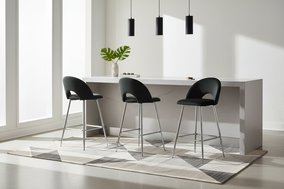 Lot de 2 tabourets de bar TEDDY pied chrome velours#couleur_noir