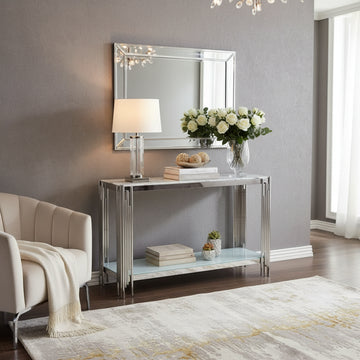 Console chrome verre marbré blanc 120x40x78 cm FLUTE