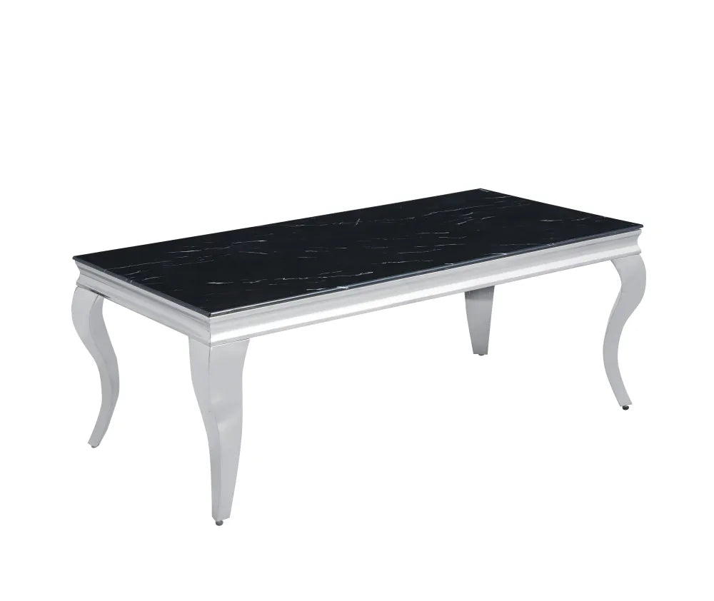 Table Basse BAROQUE Rectangle Plateau Verre Trempé Marbré Noir Pieds Chrome 120x60x45cm