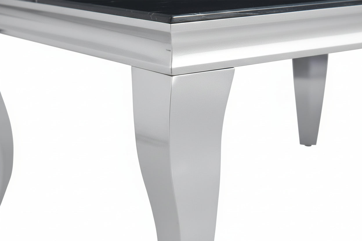 Table Basse BAROQUE Rectangle Plateau Verre Trempé Marbré Noir Pieds Chrome 120x60x45cm